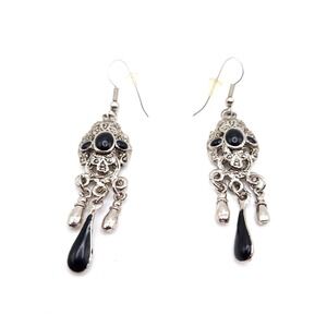 Victorian Dangle Earrings Silver Filigree Faux Onyx Gothic